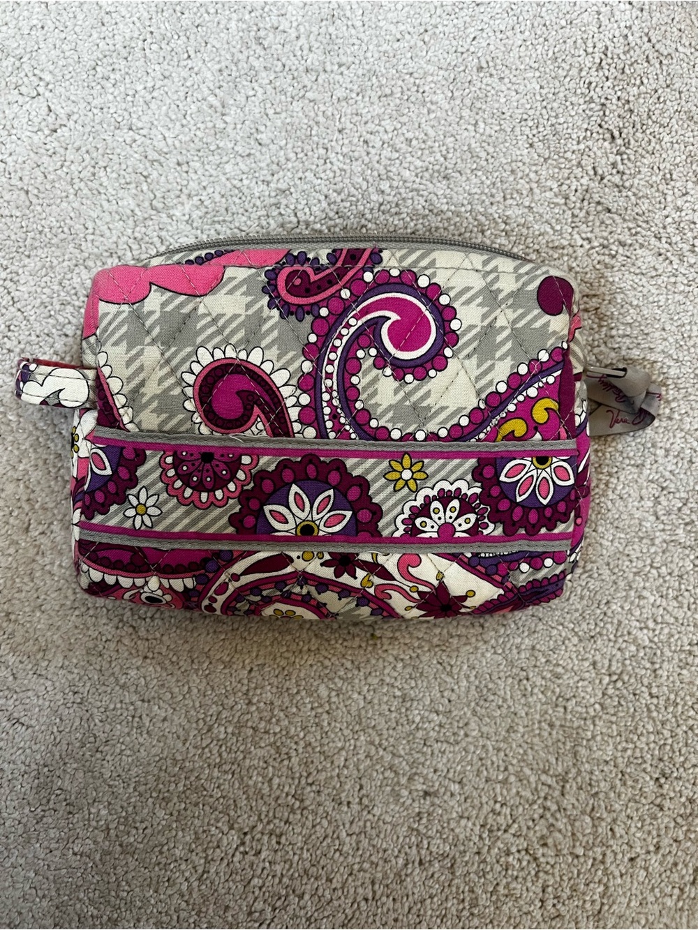 Vera Bradley Pink Paisley Quilted Cosmetic Pouch with Gray Background